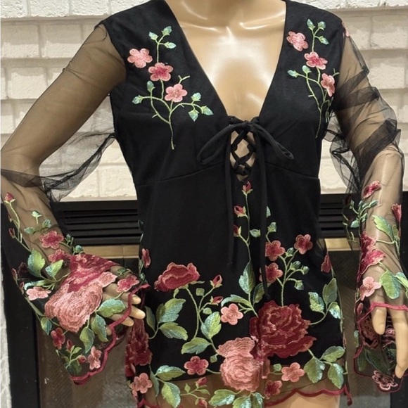 VENUS Black Sheer Blouse with Pink and Green Floral Embroidery - Picture 2 of 13